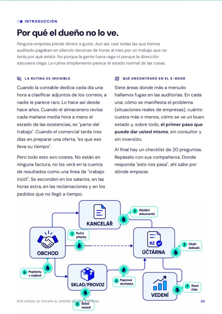 Página inicial del e-book con un mapa de las fugas de la empresa